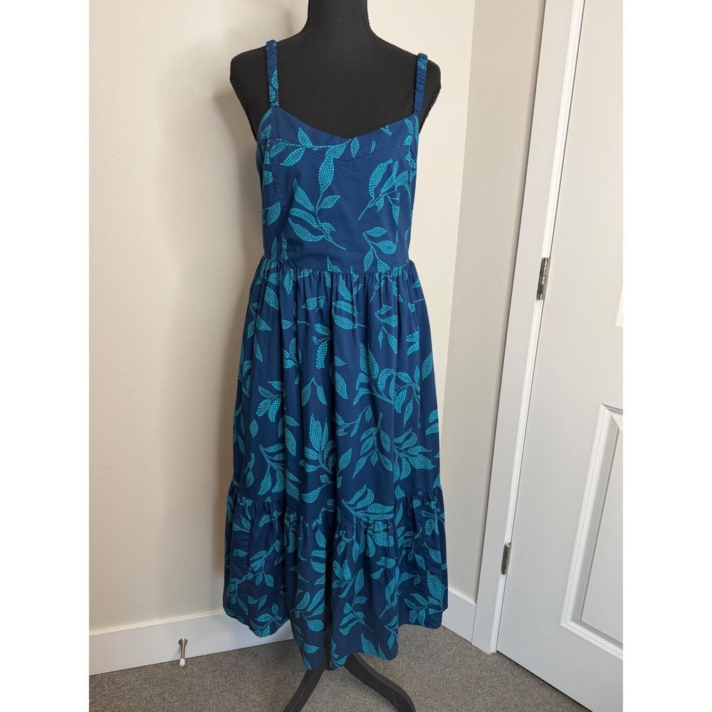 J.Crew Factory Women's Blue Leaf Print Smocked Tiered Midi Dress Size 8
